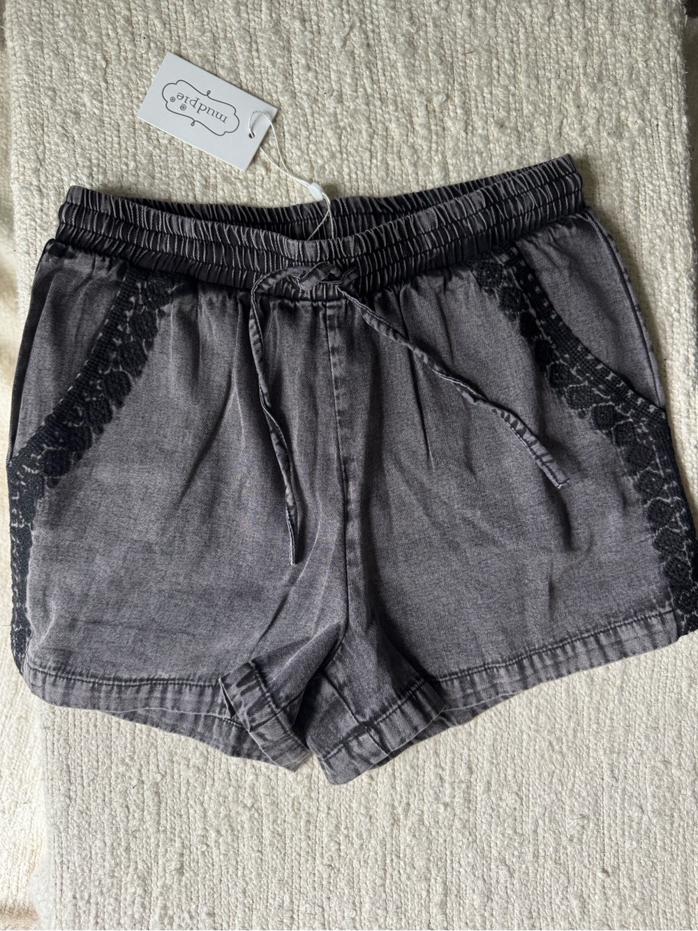 Mud Pie Washed Charcoal Embroidered -Trim Cotton Shorts